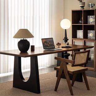 美式客厅大长书桌胡桃木色实木餐桌工作台大板餐靠墙书房创意办公