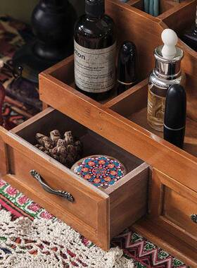 OQ5M复古风木制带抽屉化妆护肤品寝室桌面收纳盒桌上置物架防