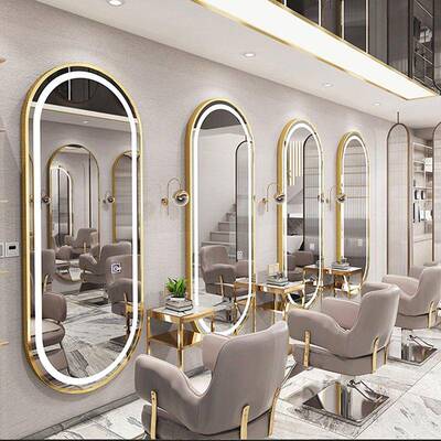 理发店镜台单双面美发镜子发廊专用带灯可靠墙落地镜高档剪发镜子