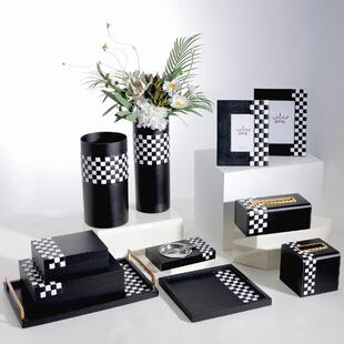 简约现代黑色超纤皮革相框纸巾盒首饰盒托盘花器烟灰缸组合摆件