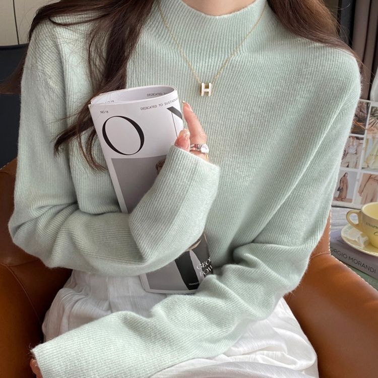 薄荷绿色半高领针织打底衫女装内搭2025秋冬新款软糯毛衣修身上衣