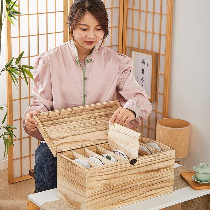 实木茶饼收纳防尘置物架复古风宝箱长方形多宝阁格子收纳桌面摆放