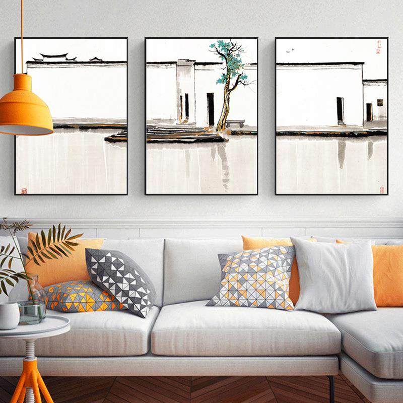 直销客厅装饰画徽式建筑三联画新中式挂画书房茶室样板间壁画,纺织面料/辅料/配套,纺织机械配件,淘宝优惠券,粉丝福利购,淘宝优惠卷