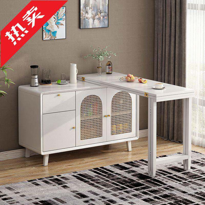 ir实木折叠餐桌餐边柜一体岛台吧台小户型家用靠墙储物柜可伸缩饭