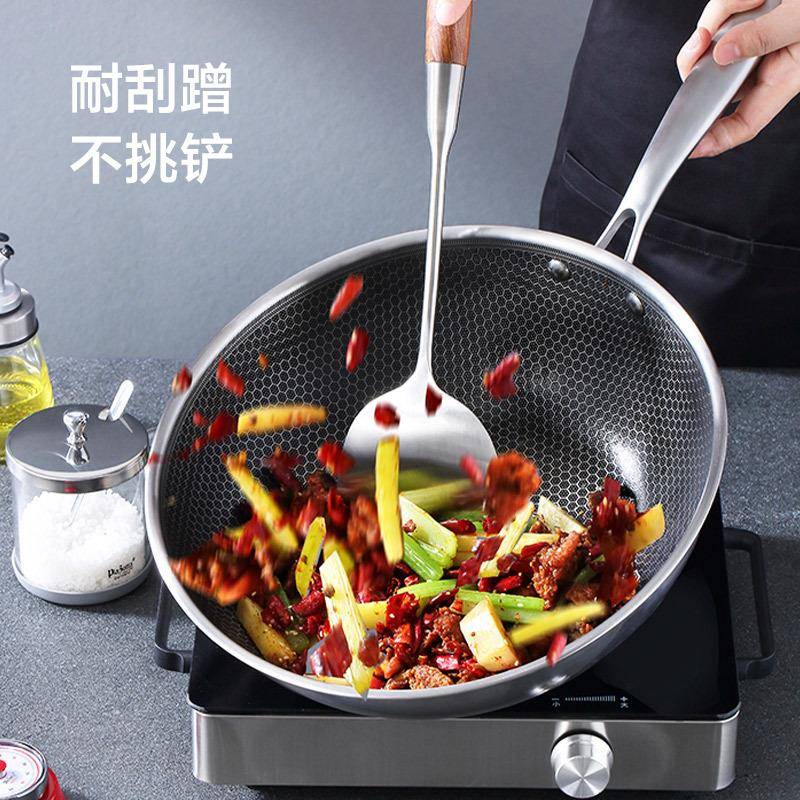 严选炒锅不粘锅304不锈钢平底锅无油烟不沾炒菜锅明火电磁炉通用
