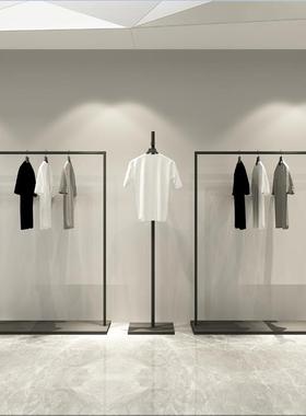 高档服装展示架带板黑色哑光创意新款落地式挂衣架网红陈列架方管