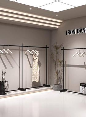 服装店黑色铁艺展示架落地式货架男女装陈列架中岛架直播间挂衣架