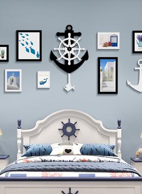实木_6591_地中海实木照片墙装饰组合相框船舵摇摆真钟表可换相片