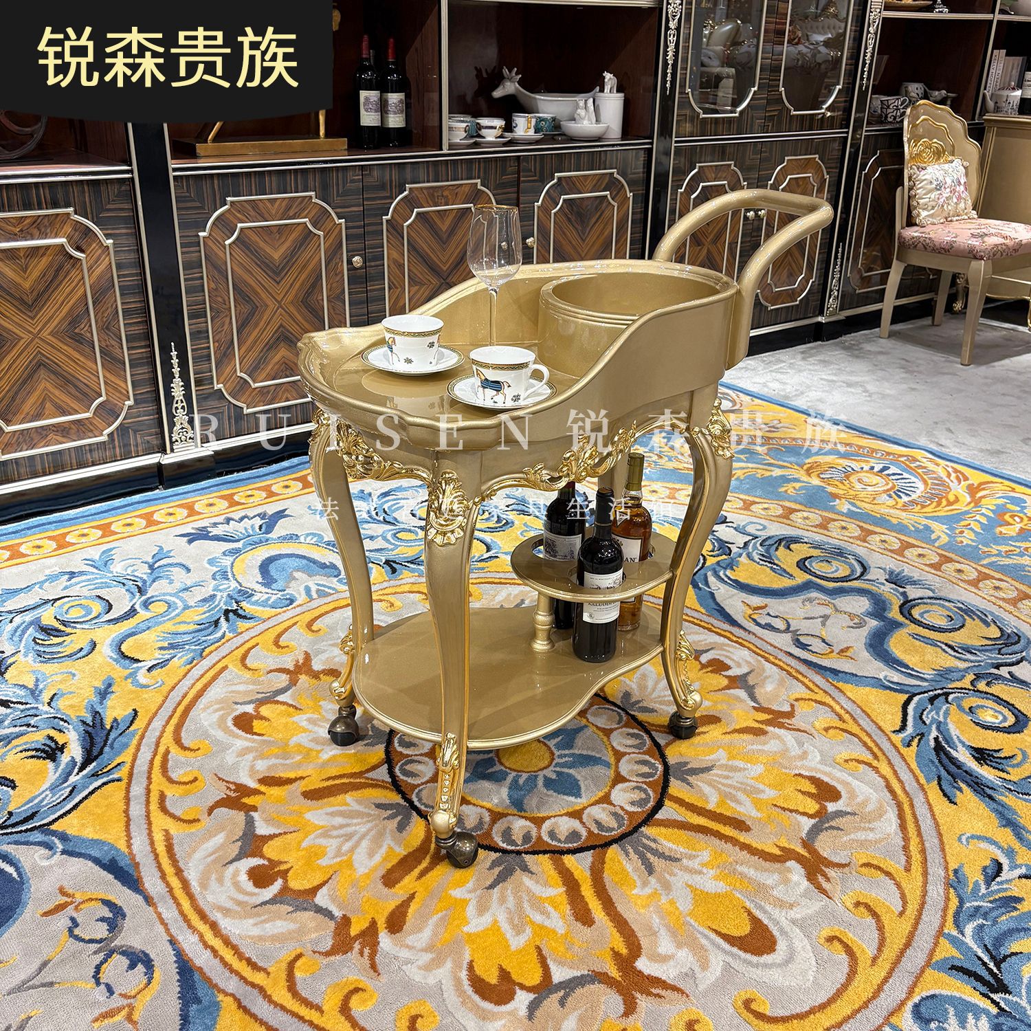 法式实木餐车 欧式小推车雕刻家用置物架双层奢华餐厅移动手推车