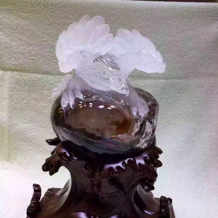 东海水晶天然绿灵红幽聚宝盆老鹰摆件