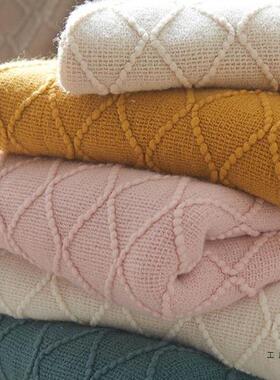 北欧复菱古格毛线毯子纯色织针毯床F5M6STHM尾毯搭沙发毯床搭巾床