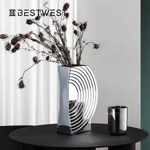 博西面家YYC-2460居条纹电镀银璃色玻花瓶摆件餐家居客厅桌轻奢软