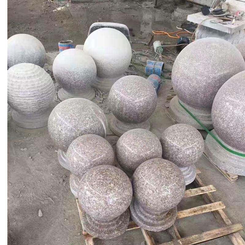 岗岩墩石停车场大石理石五莲红圆球挡车球路障石雕花装饰石景2082
