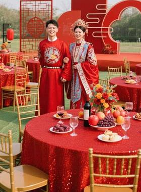 高002酒店婚n宴装饰圆形餐is风桌布涤纶版绣档花布金色满亮片桌布