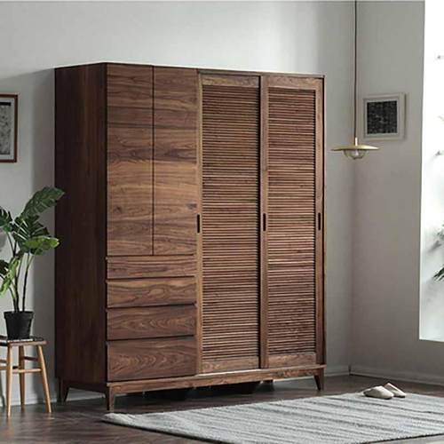 日式全实木衣橱橡木樱桃木推拉滑移门百叶门格栅门黑胡桃木衣柜