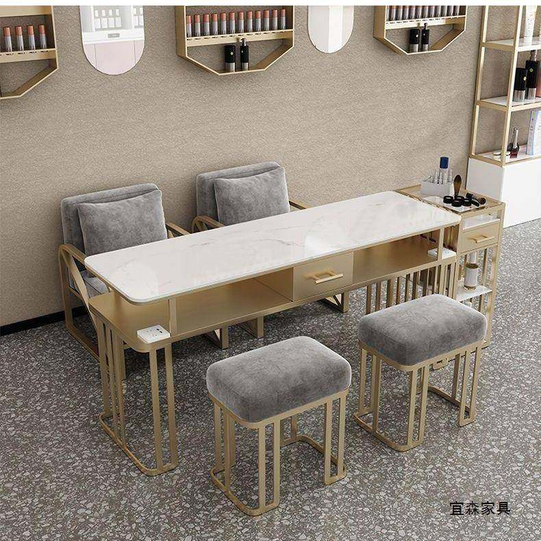 新款轻奢全套美甲桌椅子套装单双人三人美甲台网红大理石修甲桌