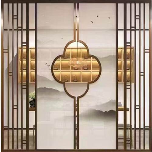 不锈钢屏风隔断现代简约花栅新中式客厅现代简约玫瑰金工装玄关