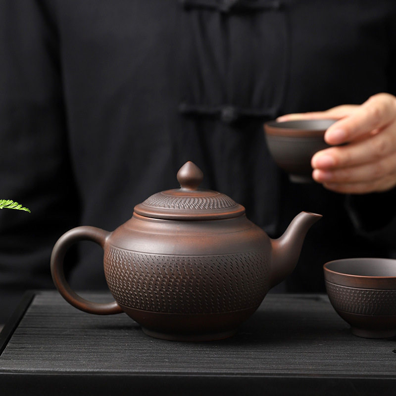 紫陶茶壶手工挑刀工艺仿古壶泡茶单壶泡普洱复古紫砂陶壶茶具