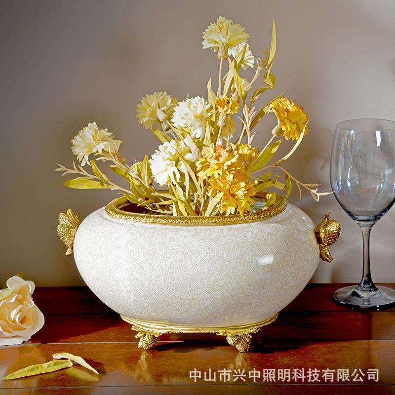 欧美陶瓷配铜双耳花盆冰桶玄关工艺饰品古典奢华别墅客厅餐厅摆件