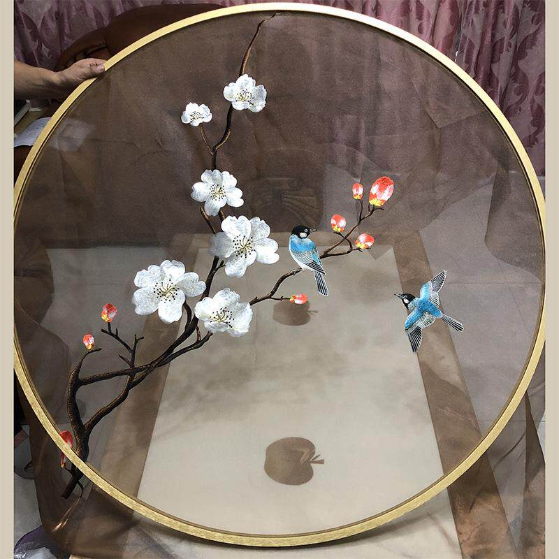 现货苏绣双面机器刺绣半透明纱布屏风玄关隔断画心芯圆框装修设计