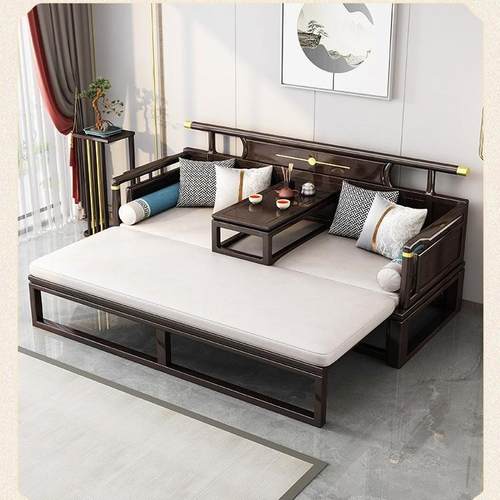 新款新中式实木沙发折叠床小户型两用推拉床多功能折叠沙发床组合