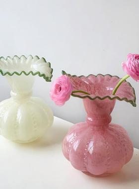 小清新芬顿奶药油风绿色玻古璃QL39花瓶法式浪漫复芍器透明水花养