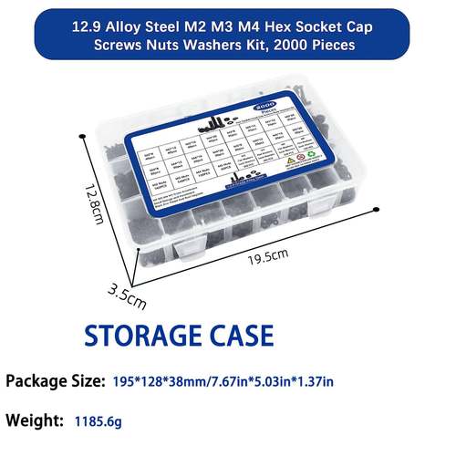 2000pcs强圆六柱头内角螺钉866配弹4垫平垫套装M2/M3/M/M5高度12.