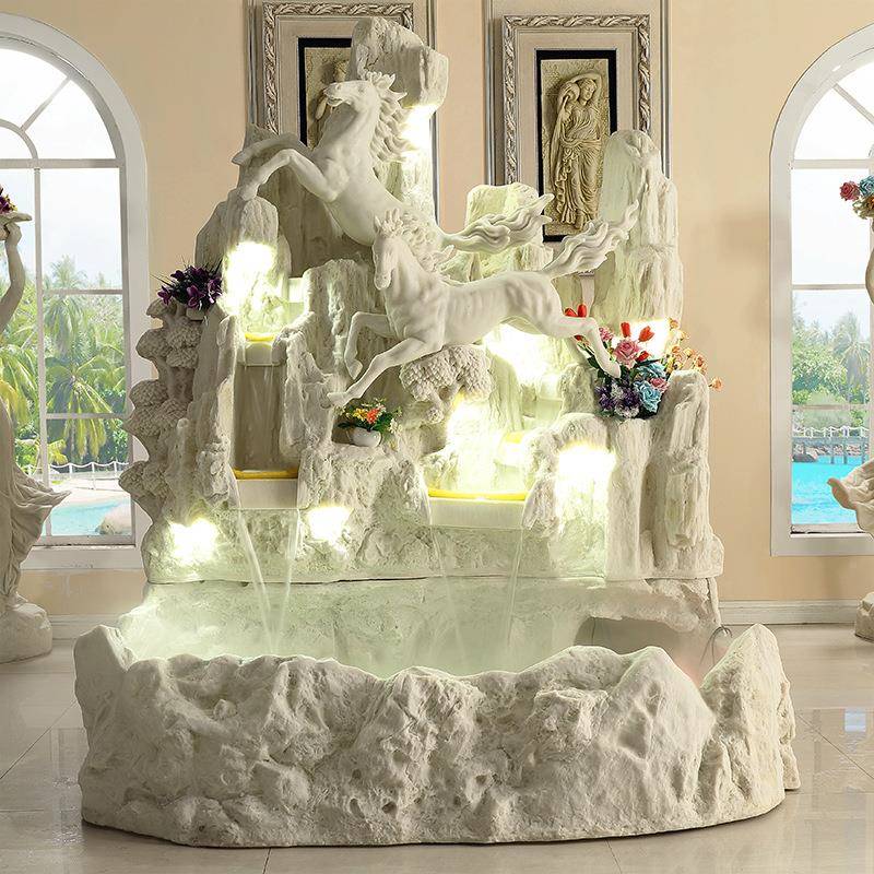 大型欧式流水泉观酒院店大堂水景792庭喷欧式鱼池装饰摆件白马喷