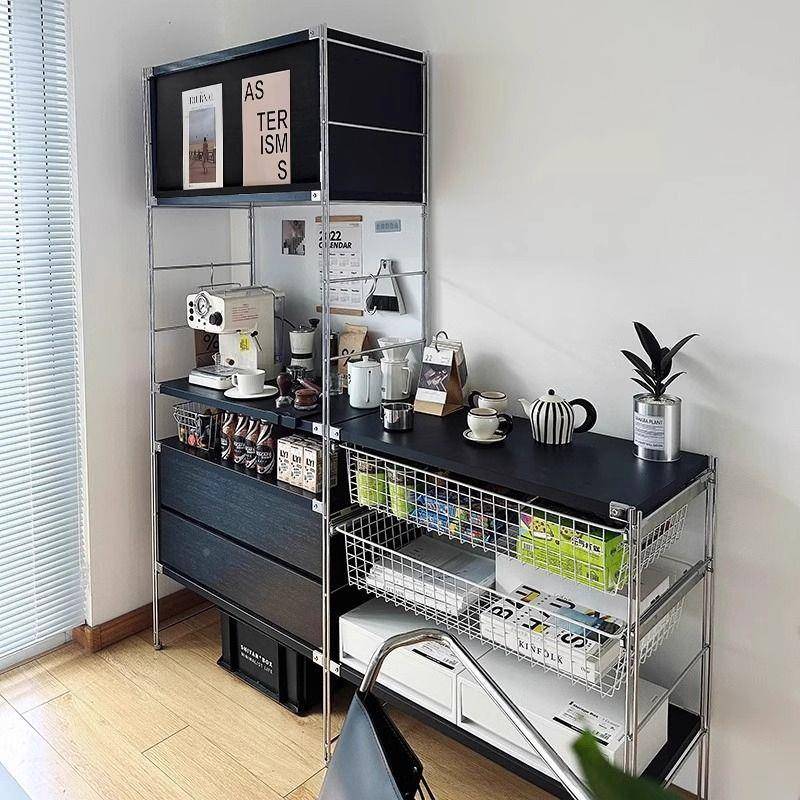 黑色简锈钢不厨房置物架落地多收纳架客LF约厅包豪层斯书架