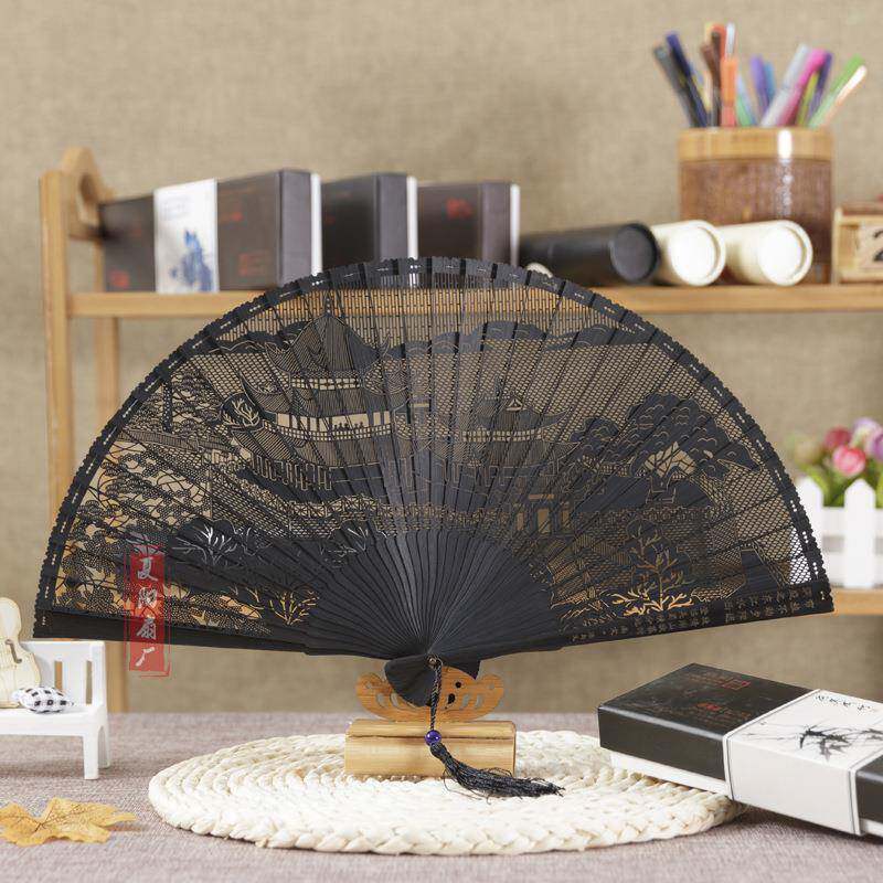 安吉夏阳扇厂制作全竹雕刻扇岳阳楼折扇花色多选现货