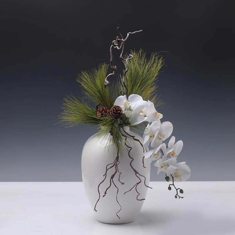 新中式仿真花白色蝴蝶兰绿植盆景摆件样板房电视柜茶室装饰品摆件