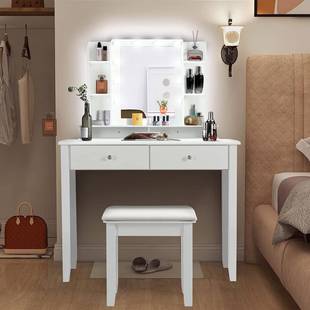 简约家居梳妆台化妆桌翻盖镜面化妆台两抽收纳梳妆桌子凳子套装