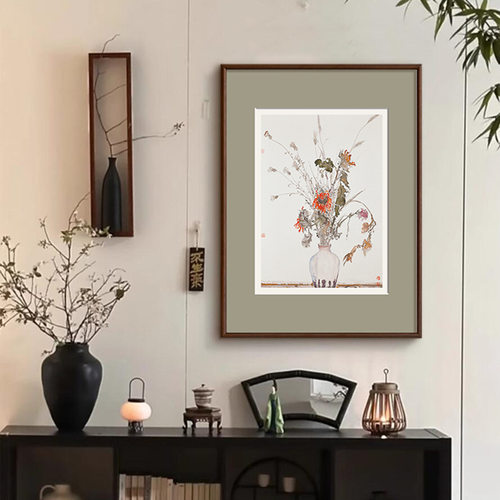 瓶花新中式餐厅装饰画客厅茶室玄关挂画实木桌面摆件竖版画
