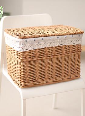 宜然现货藤编整理箱编织带盖布里可拆洗家居卧室衣服被子收纳筐子