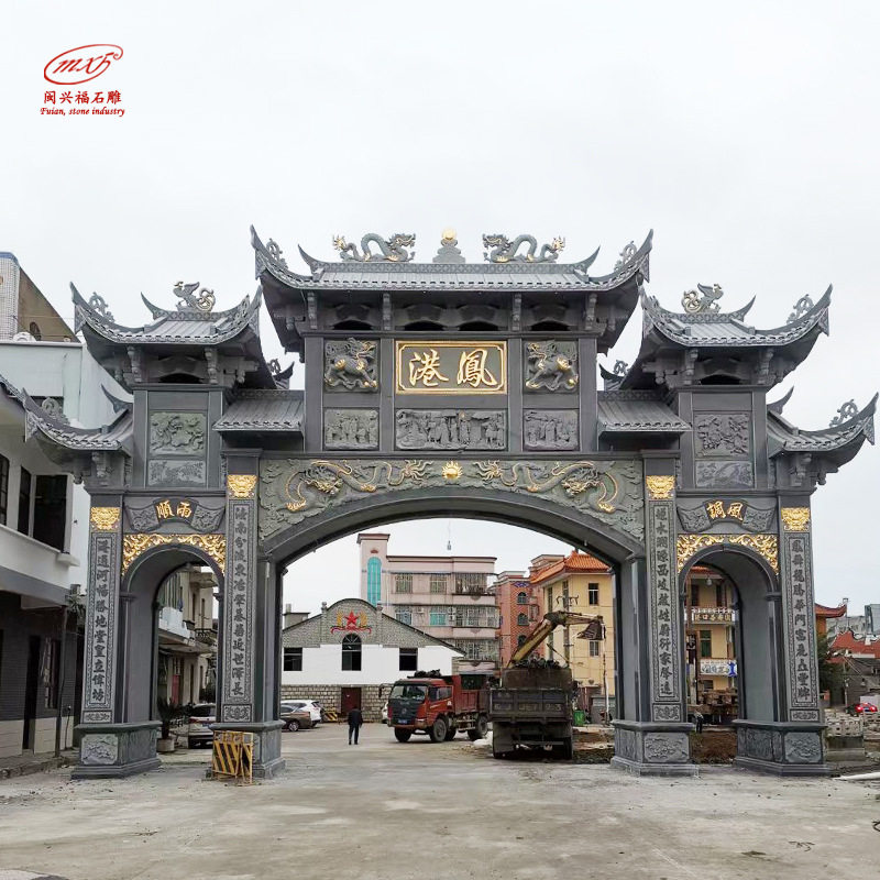 闽兴福石雕单门牌楼广场户外景观石门楼村口牌坊摆件
