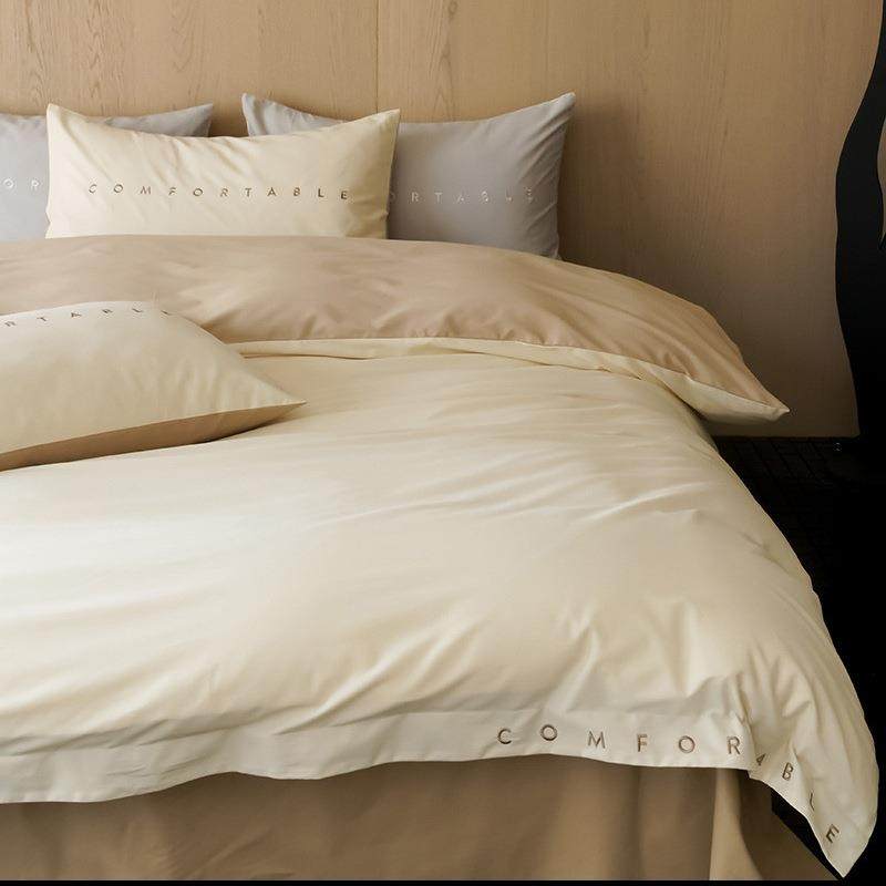 A类母婴级简约双拼轻奢磨毛全棉四件套纯棉刺绣被套床笠床单3件套