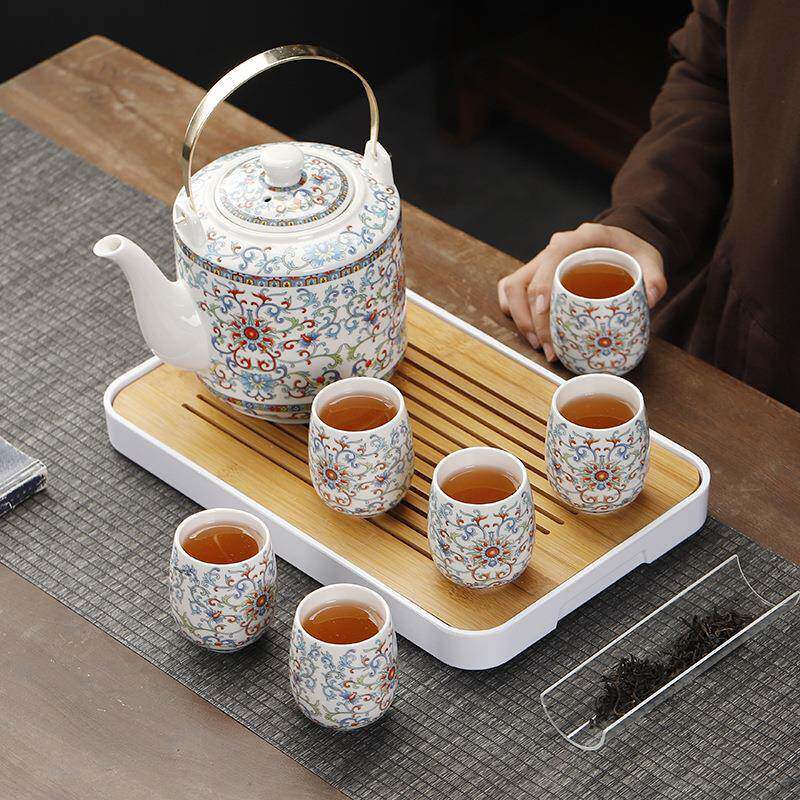 提梁壶茶具套装陶瓷带过滤网大号桥壶茶杯整套1壶6杯饭店餐馆家用