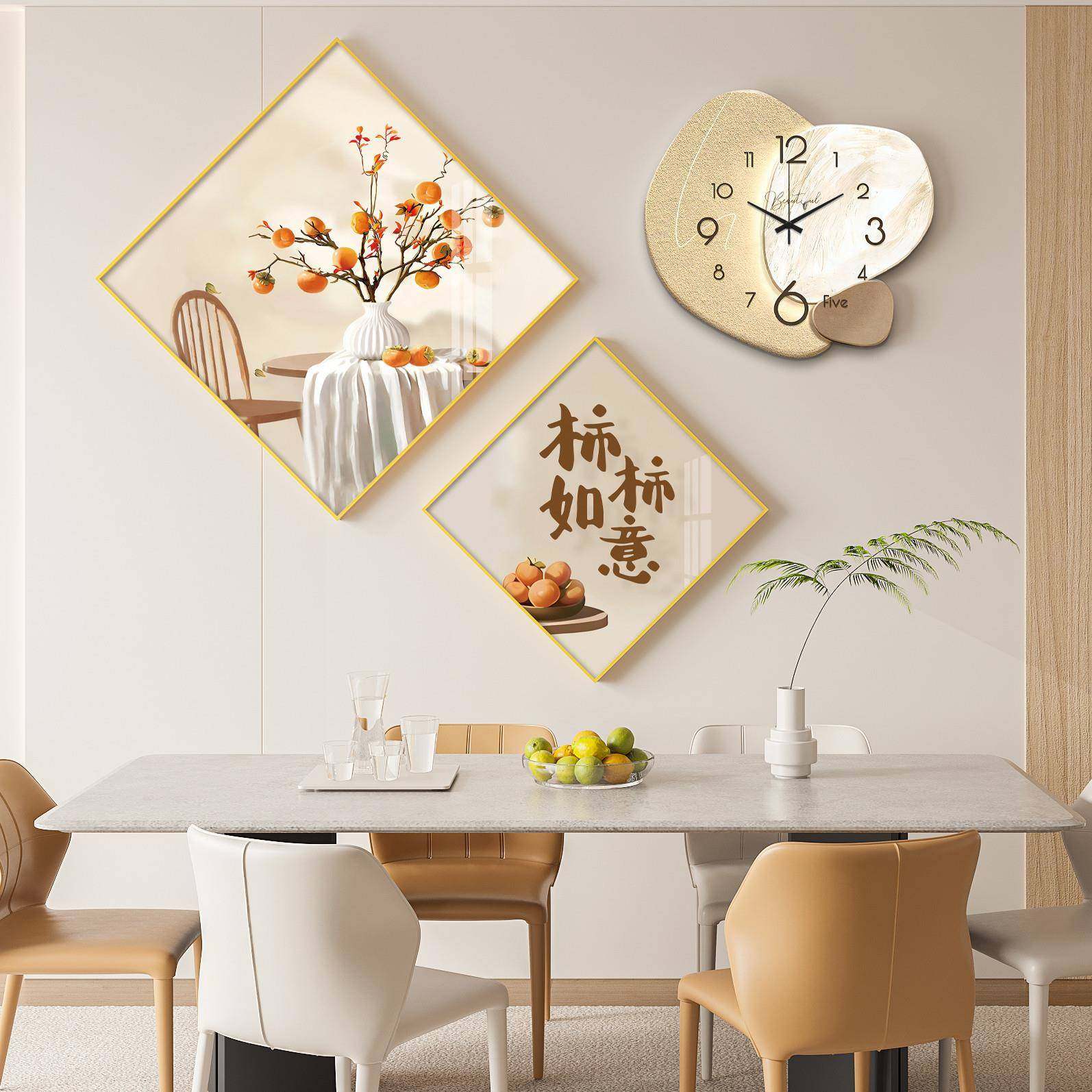 奶油风餐厅装饰画抽象清新时尚钟表组合壁画现代简约三联挂画