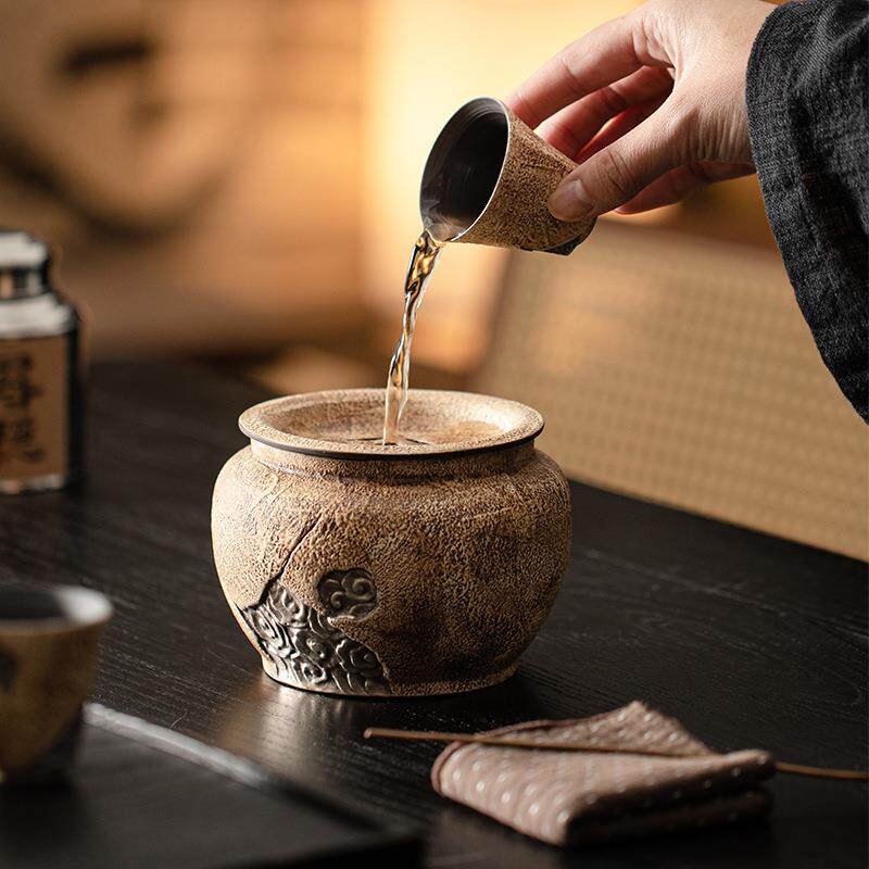 尘造敦煌粗陶祥云建水大号陶瓷茶渣缸废水缸带盖水洗水盂配件