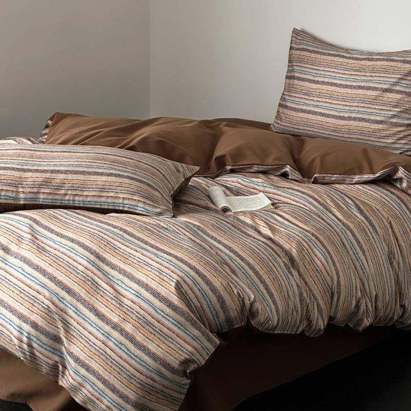 秋冬简约100S长绒棉磨毛四件套纯棉轻奢几何条纹被套床单高级床品