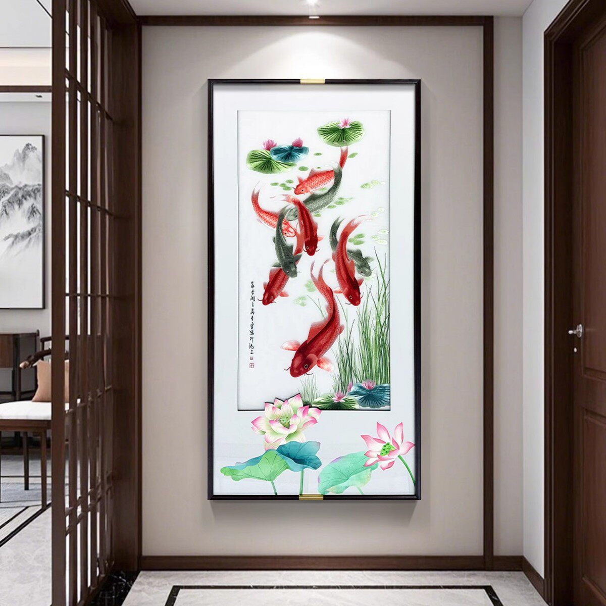 2025新款玄关装饰画竖版九鱼图走廊过道挂画高端苏绣刺绣成品壁画