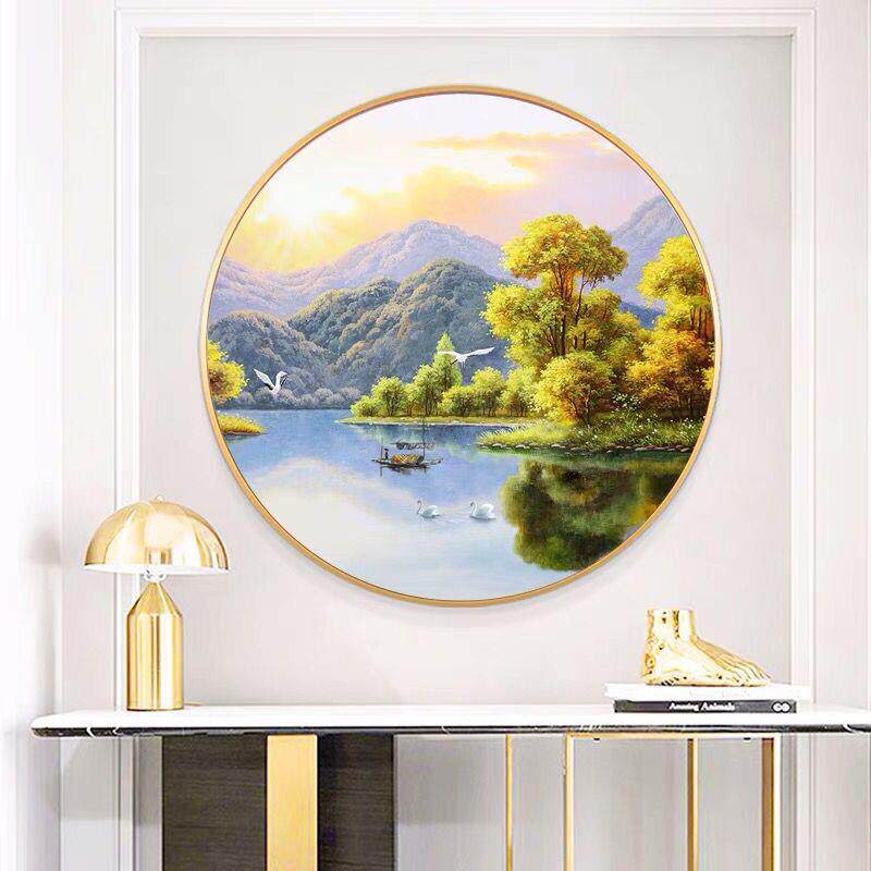 纯手绘油画圆形风景湖光山色装饰画手工绘制成品圆框挂画