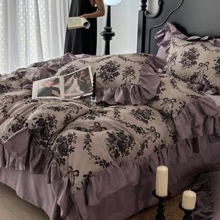 雅致复古荷叶花边亲肤长绒棉四件套纯棉柔软被套床单1.8m床上用品
