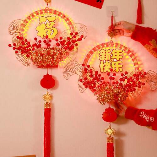 发光新年快乐花环挂件2025蛇年春节氛围入户大门装饰布置挂饰用品