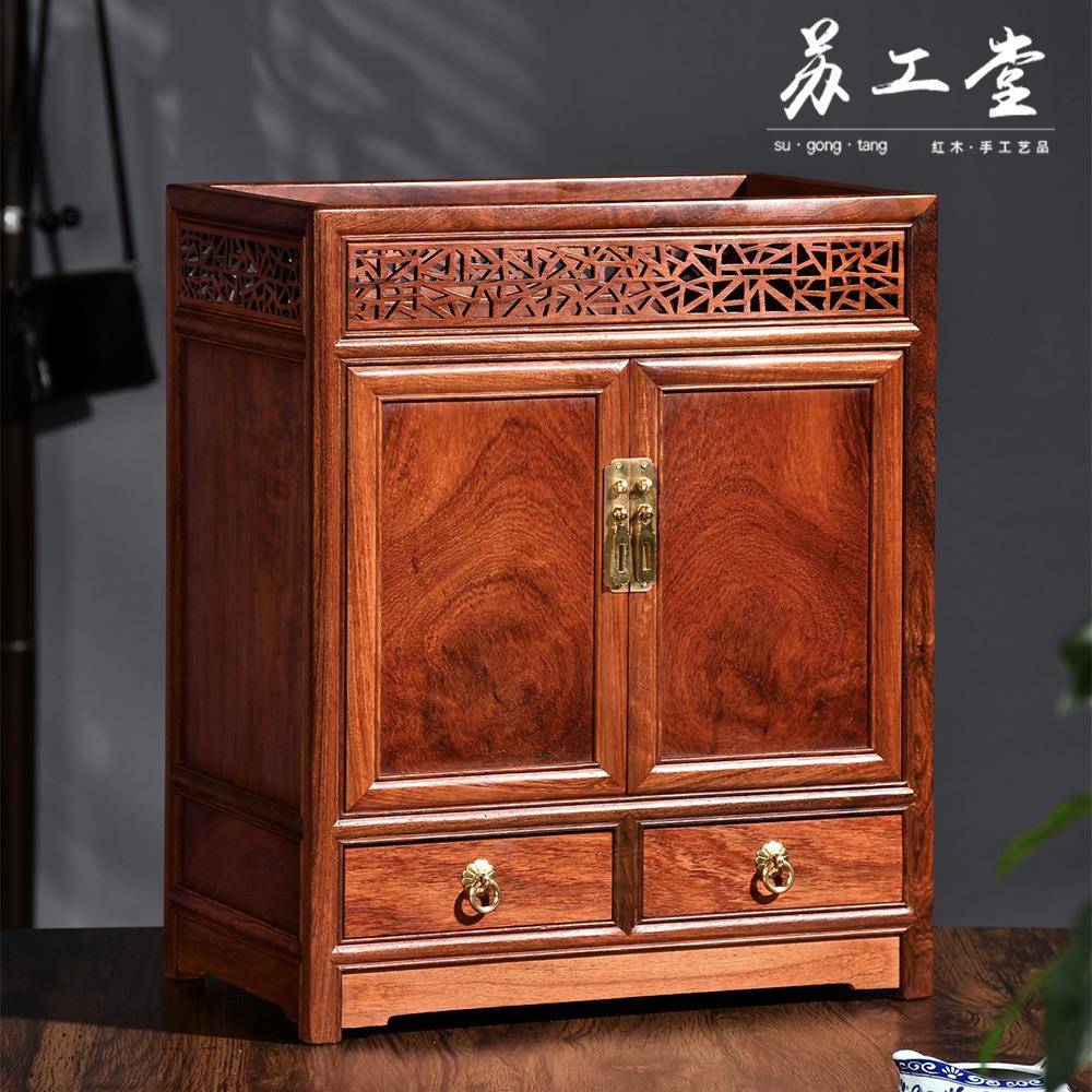 新品缅甸花梨木茶水柜 双抽屉多功能收纳柜子茶道冰裂储物柜货源