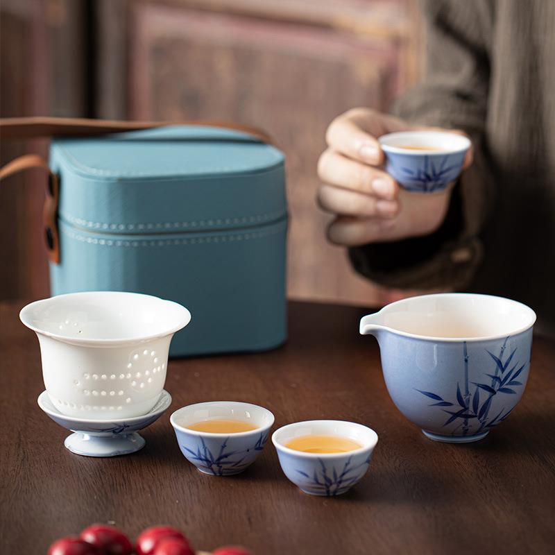 旅行茶具便携式简易快客杯一壶3杯陶瓷盖碗手绘竹韵茶杯套装随手