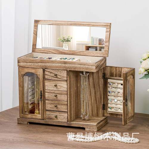 木质首饰盒多层复古高级感珠宝收纳盒带透明盖展示柜抽屉整理盒