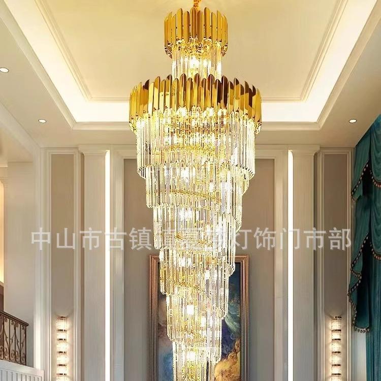 轻奢水晶大吊灯高档别墅复式楼客厅中空楼中楼旋转楼梯水晶长吊灯