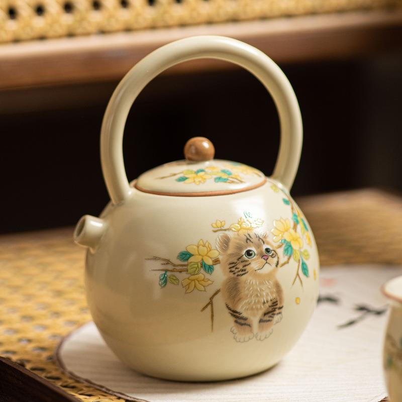 米黄汝窑圆满提梁壶黄花猫茶具套装家用泡茶茶壶单壶陶瓷开片可养