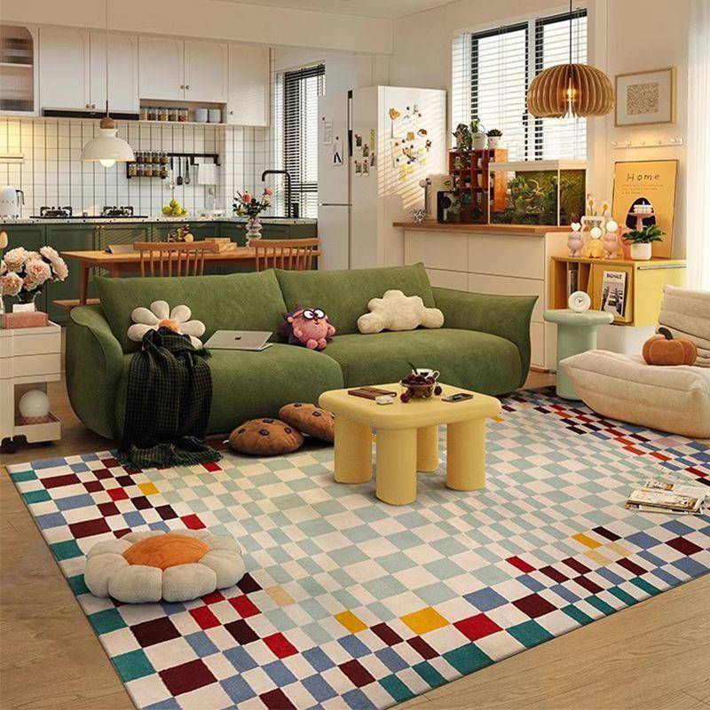 复古花砖圈绒地毯客厅耐脏易打理沙发毯多巴胺棋盘格大面积防滑毯